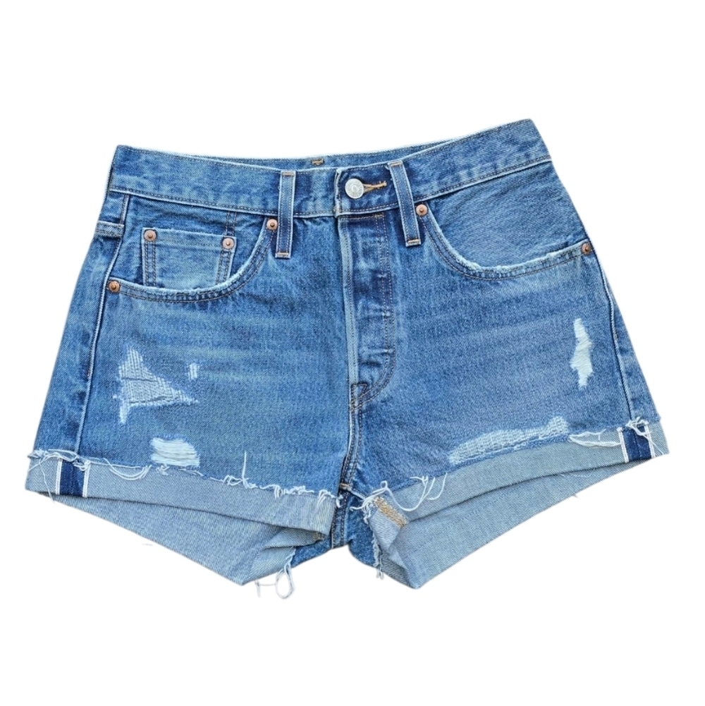 Levis Buttondown Rolled Destressed Denim Blue Women's Shorts